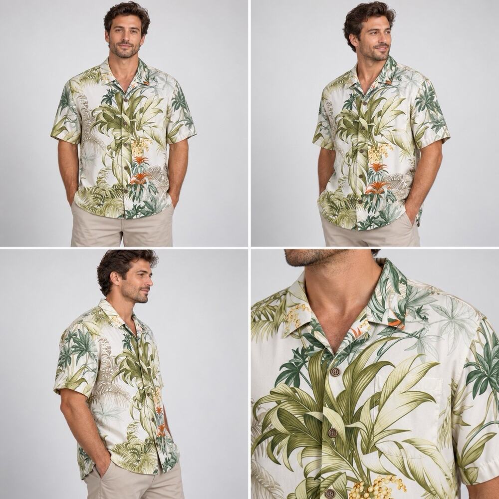 Tommy Bahama Hawaiian Shirt Mens XL 100% Silk Green Tropical Floral Camp